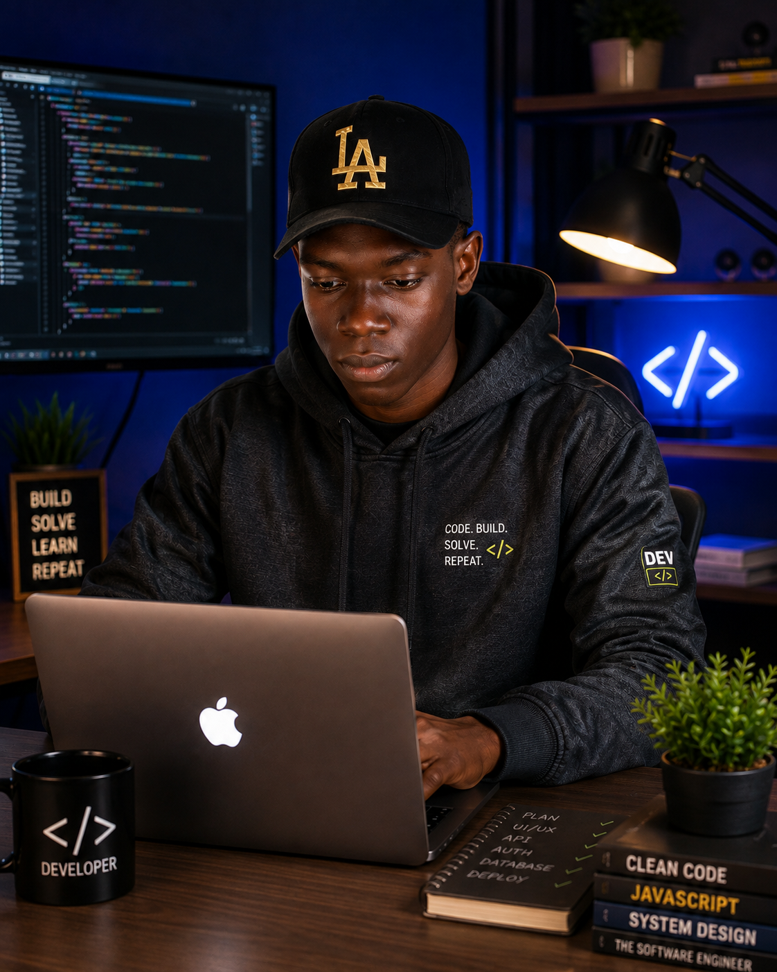 Bruno focused on his laptop while coding
